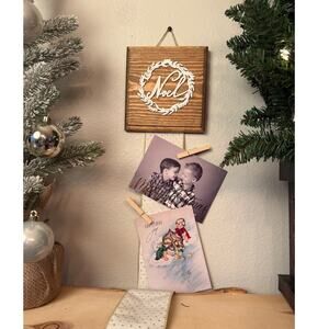 Holiday Christmas Card Holder Noel Wooden Topper White Velvet Gold Ribbon